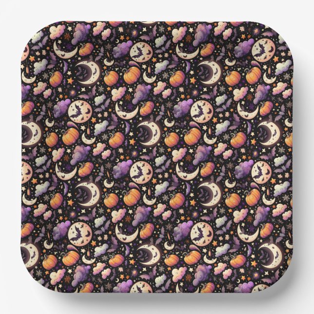 Whimsical Halloween Night Sky Pattern Paper Plates (Front)