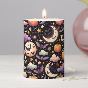 Whimsical Halloween Night Sky Pattern Pillar Candle