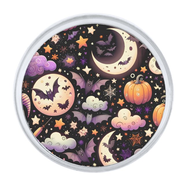 Whimsical Halloween Night Sky Pattern Silver Finish Lapel Pin (Front)