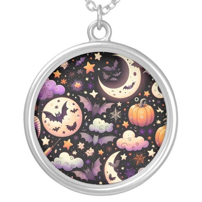 Whimsical Halloween Night Sky Pattern Silver Plated Necklace (Front)