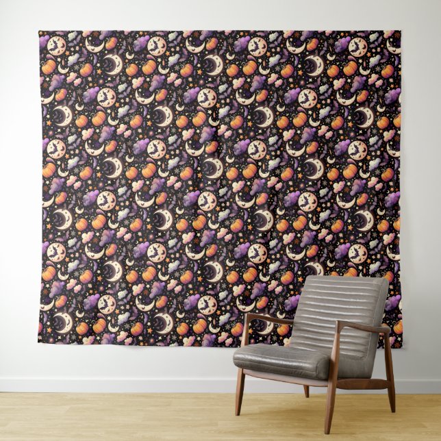 Whimsical Halloween Night Sky Pattern Tapestry (In Situ (Horizontal))