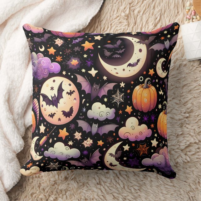 Whimsical Halloween Night Sky Pattern Throw Pillow (Blanket)