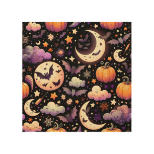 Whimsical Halloween Night Sky Pattern Wood Wall Art