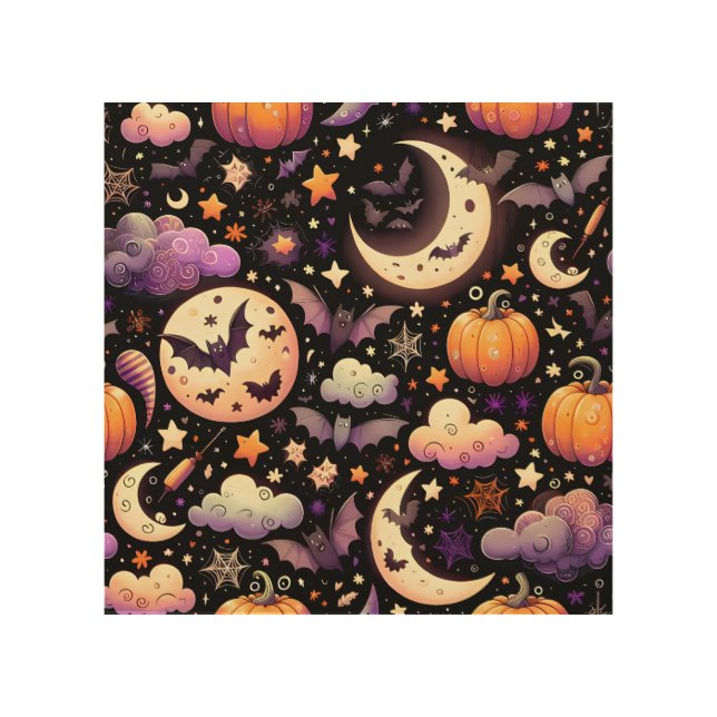 Whimsical Halloween Night Sky Pattern Wood Wall Art (Front)