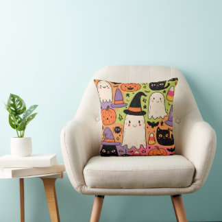 Whimsical Halloween - Pastel Spooky Pattern Throw Pillow