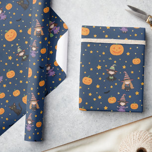 Whimsical Halloween Pumpkin Cat Witch Gift Wrap