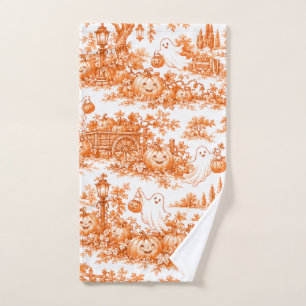 Whimsical Halloween Pumpkin Patch Fun Toile Orange Hand Towel