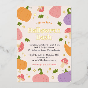Whimsical Halloween Pumpkins and Mushrooms Foil Invitation