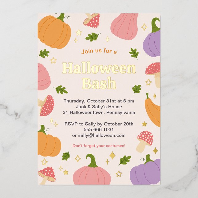 Whimsical Halloween Pumpkins and Mushrooms Foil Invitation (Front)