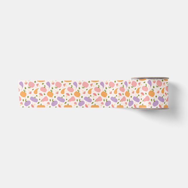 Whimsical Halloween Pumpkins and Mushrooms Pattern Satin Ribbon (Front)