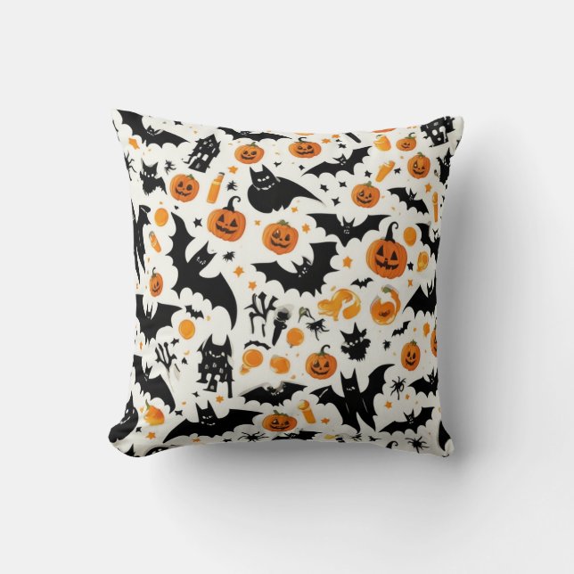 Whimsical Halloween Pumpkins & Bats Pattern Throw  Pillow (Front)