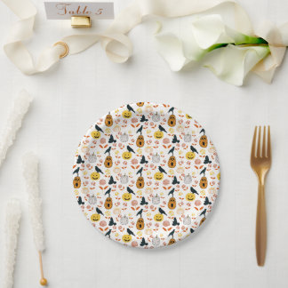 Whimsical Halloween pumpkins raven autumn florals Paper Plates