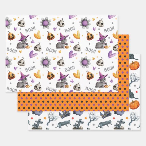 Whimsical Halloween Set of 3  Wrapping Paper Sheets