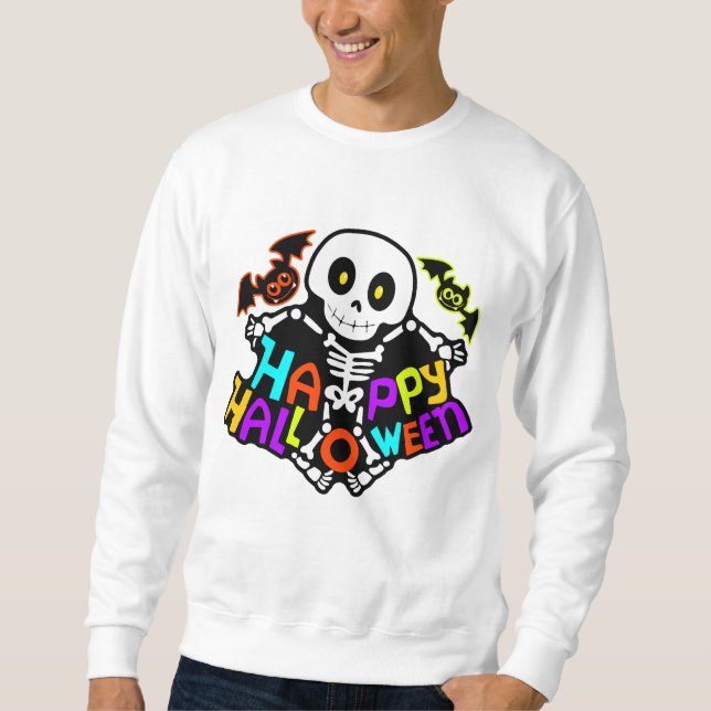 Whimsical Halloween Skeleton and Bats Design Sweatshirt (Front)