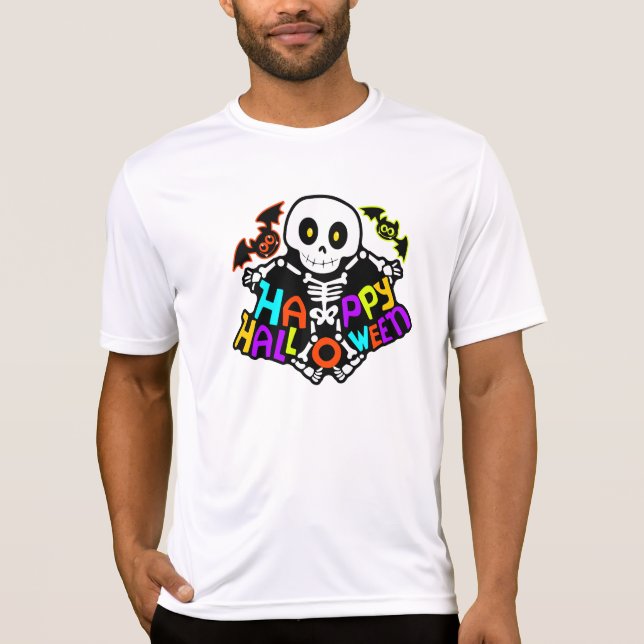 Whimsical Halloween Skeleton and Bats Design T-Shirt (Front)