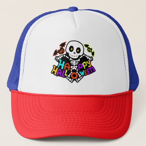 Whimsical Halloween Skeleton and Bats Design Trucker Hat