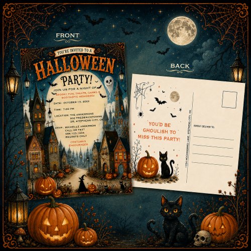 Whimsical Halloween Village Party Invitation | Postcard