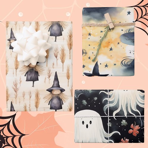 Whimsical Halloween Watercolor Witches Ghosts Wrapping Paper Sheets