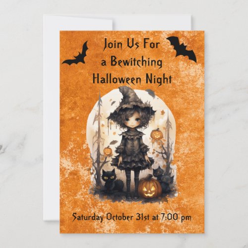 Whimsical Halloween Witch and Her Feline Friends Invitation