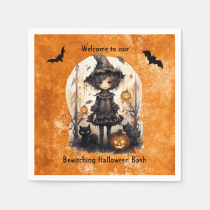 Whimsical Halloween Witch and Her Feline Friends Napkins