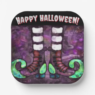 Whimsical Halloween Witch Boots Purple Green Paper Plates