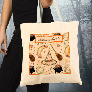 Whimsical Halloween Witch Botanical Boho Tote Bag