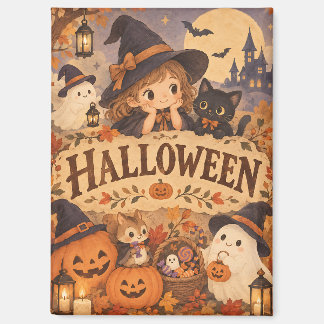 Whimsical Halloween Witch & Friends Magnet