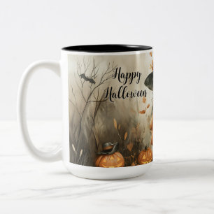 Whimsical Halloween Witch & Pumpkin Personalized Two-Tone Coffee Mug