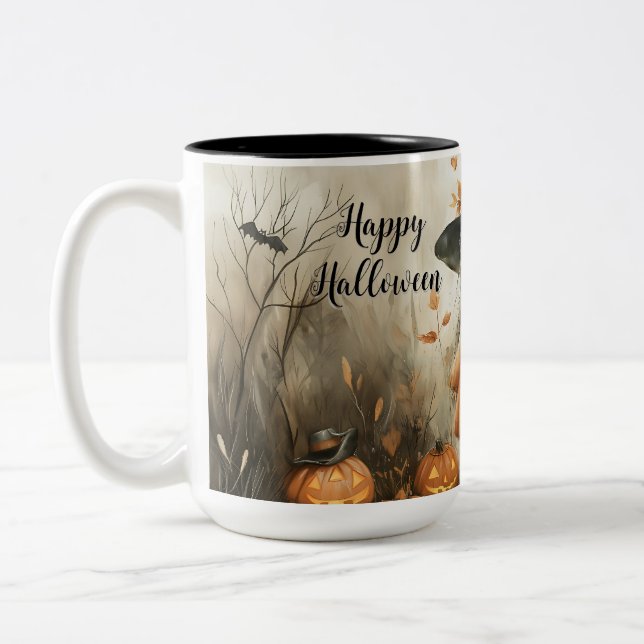 Whimsical Halloween Witch & Pumpkin Personalized Two-Tone Coffee Mug (Left)