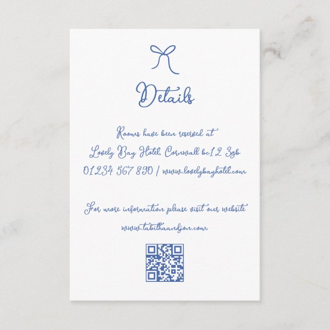 Whimsical Hand Doodle Blue QR Wedding Details Enclosure Card (Front)