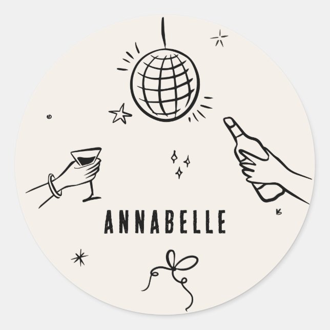 whimsical hand drawn 30th birthday drinks party classic round sticker (Front)