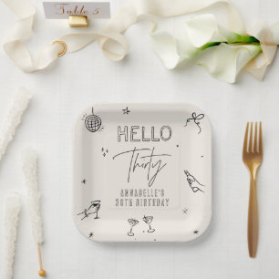 whimsical hand drawn 30th birthday drinks party paper plates