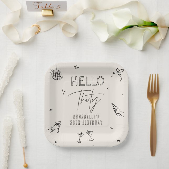 whimsical hand drawn 30th birthday drinks party paper plates (Wedding)