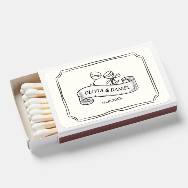 Whimsical Hand Drawn Aesthetic Wedding Matchboxes (Front Open)