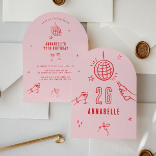 whimsical hand drawn arch birthday drinks pink red invitation