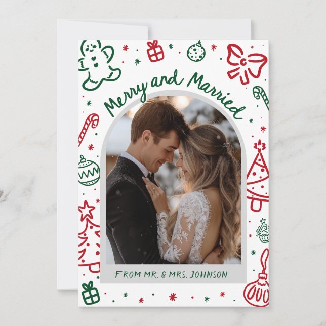 Whimsical Hand Drawn Arch Photo Married and Merry Holiday Card (Front)
