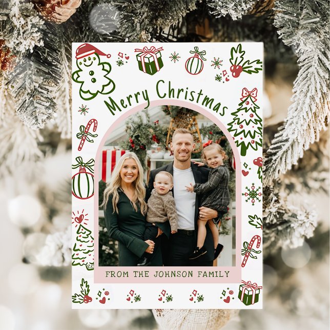 Whimsical Hand Drawn Arch Photo Merry Christmas Holiday Card (Creator Uploaded)