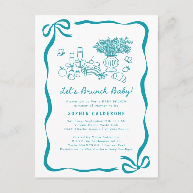 Whimsical Hand Drawn Baby Shower Brunch  Postcard (Front)