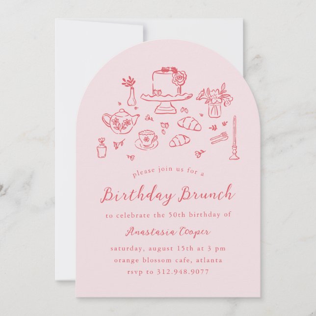Whimsical Hand Drawn Birthday Brunch Tea Party Invitation (Front)