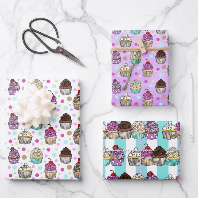 Whimsical Hand Drawn Birthday Cupcakes  Wrapping Paper Sheets (Front)