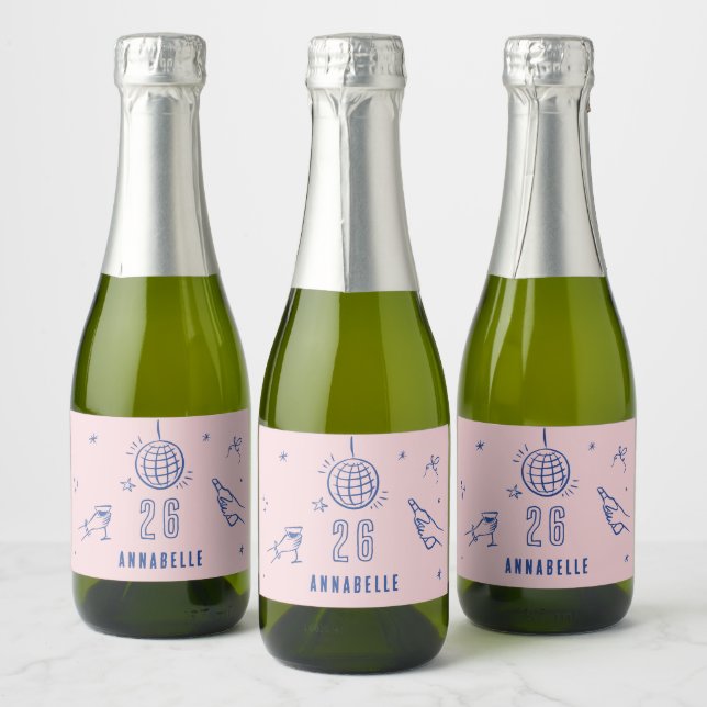whimsical hand drawn birthday drinks party cream sparkling wine label (Bottles)
