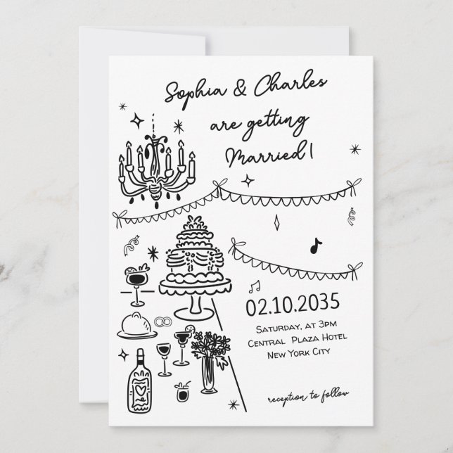 Whimsical Hand Drawn Black and White Wedding Invitation (Front)