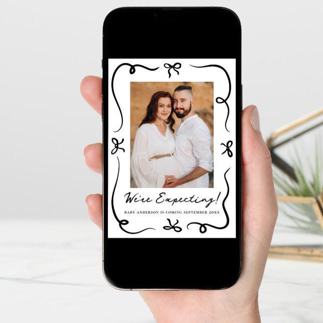Whimsical Hand-Drawn Black Bows 2 Photo Pregnancy Announcement (Front Digital)