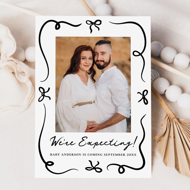 Whimsical Hand-Drawn Black Bows 2 Photo Pregnancy Announcement (Creator Uploaded)