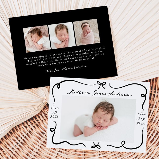 Whimsical Hand-Drawn Black Bows 4 Photo Birth Announcement (Creator Uploaded)