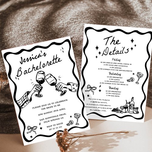 Whimsical Hand Drawn Black Cocktail Bachelorette Invitation