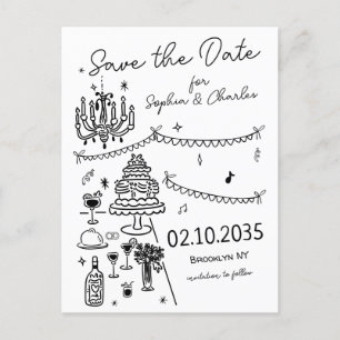 Whimsical Hand Drawn Black Illustration Wedding Postcard