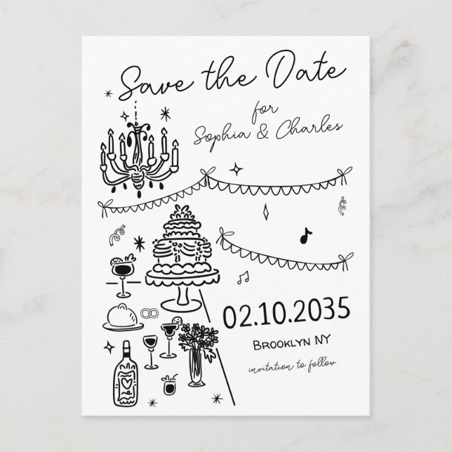 Whimsical Hand Drawn Black Illustration Wedding Postcard (Front)
