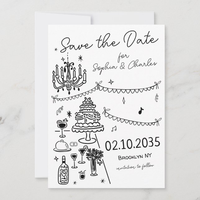 Whimsical Hand Drawn Black Illustration Wedding Save The Date (Front)