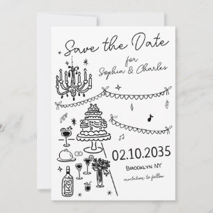Whimsical Hand Drawn Black Illustration Wedding Save The Date